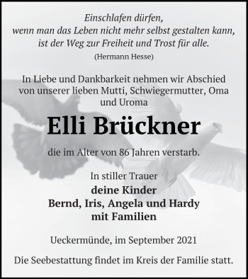 Traueranzeige von Elli Brückner von Haff-Zeitung
