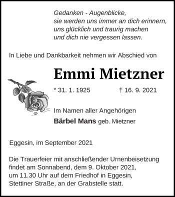 Traueranzeige von Emmi Mietzner von Haff-Zeitung