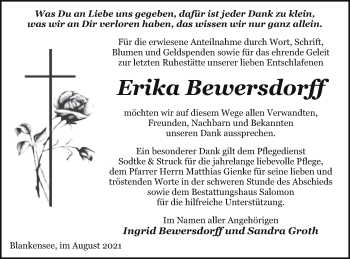 Traueranzeige von Erika Bewersdorff von Pasewalker Zeitung