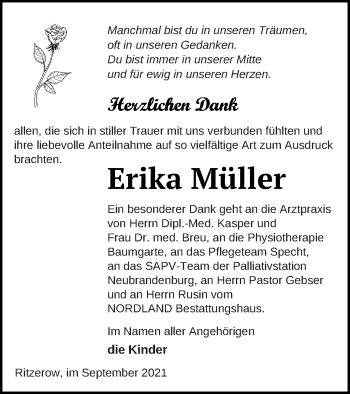 Traueranzeige von Erika Müller von Mecklenburger Schweiz