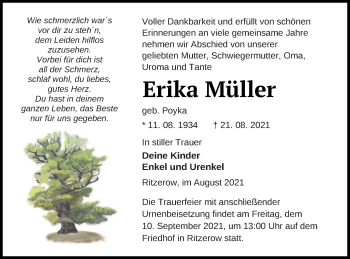 Traueranzeige von Erika Müller von Mecklenburger Schweiz