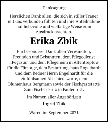 Traueranzeige von Erika Zbik von Mecklenburger Schweiz