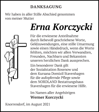 Traueranzeige von Erna Korczycki von Mecklenburger Schweiz