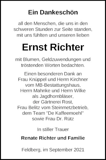 Traueranzeige von Ernst Richter von Strelitzer Zeitung