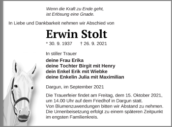 Traueranzeige von Erwin Stolt von Mecklenburger Schweiz