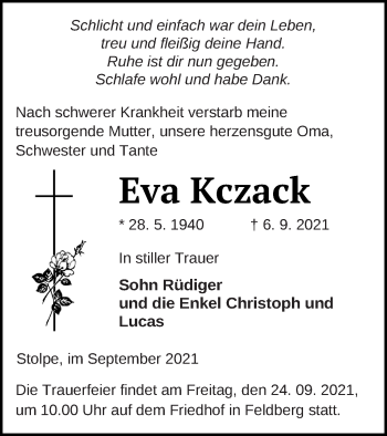 Traueranzeige von Eva Kczack von Strelitzer Zeitung