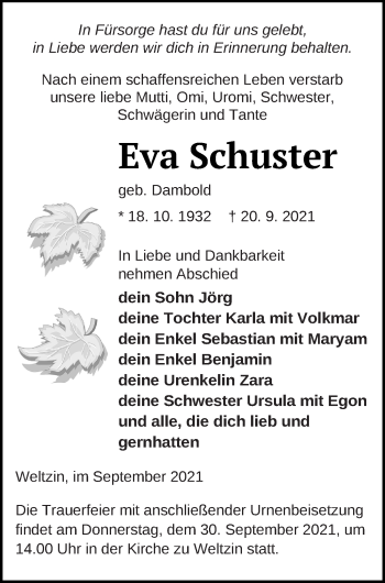 Traueranzeige von Eva Schuster von Neubrandenburger Zeitung