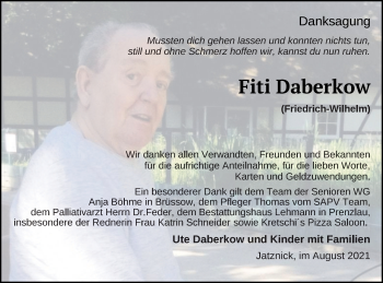 Traueranzeige von Fiti Daberkow von Pasewalker Zeitung