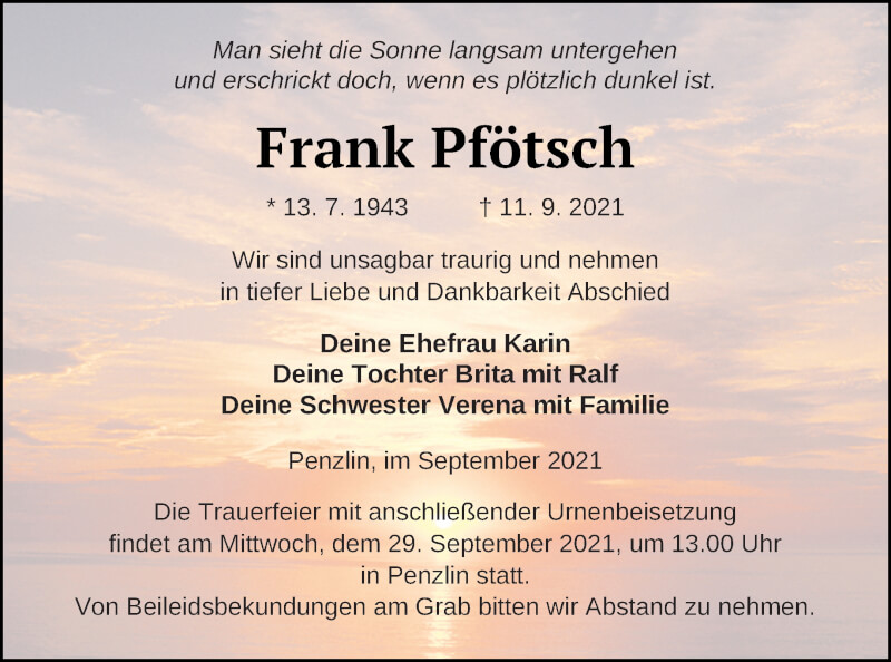  Traueranzeige für Frank Pfötsch vom 18.09.2021 aus Müritz-Zeitung