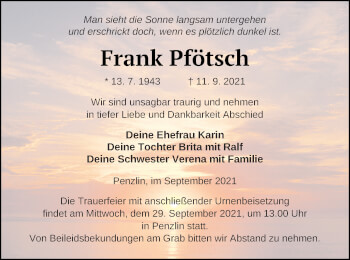 Traueranzeige von Frank Pfötsch von Müritz-Zeitung