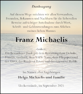 Traueranzeige von Franz Michaelis von Haff-Zeitung