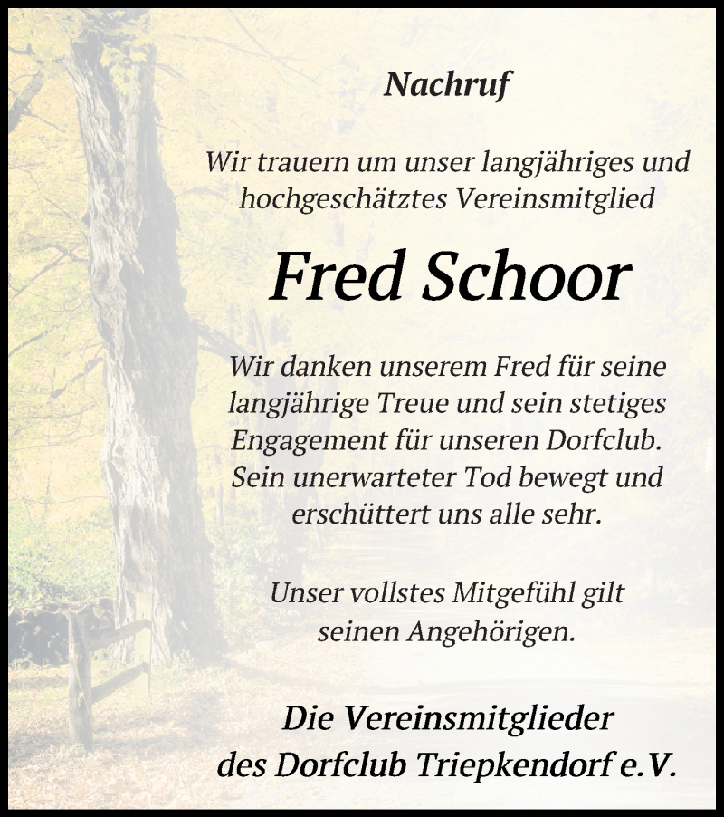  Traueranzeige für Fred Schoor vom 01.09.2021 aus Strelitzer Zeitung