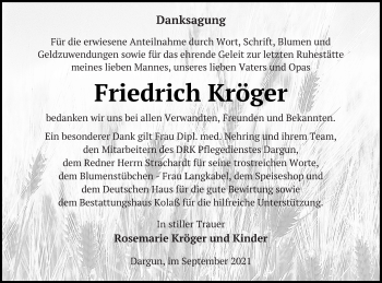 Traueranzeige von Friedrich Kröger von Mecklenburger Schweiz