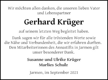 Traueranzeige von Gerhard Krüger von Vorpommern Kurier