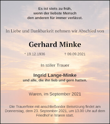 Traueranzeige von Gerhard Minke von Müritz-Zeitung