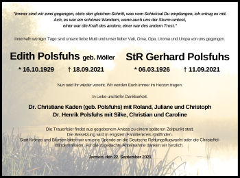 Traueranzeige von Gerhard Polsfuhs von Vorpommern Kurier