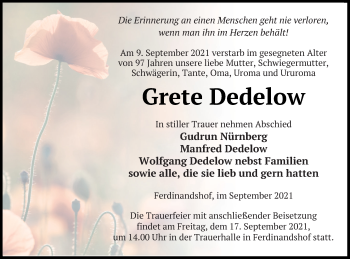 Traueranzeige von Grete Dedelow von Haff-Zeitung