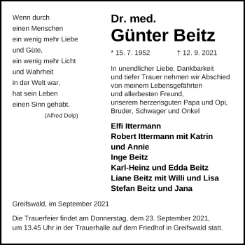 Traueranzeige von Günter Beitz von Vorpommern Kurier