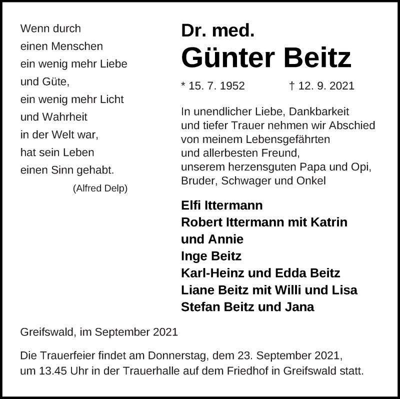  Traueranzeige für Günter Beitz vom 15.09.2021 aus Vorpommern Kurier