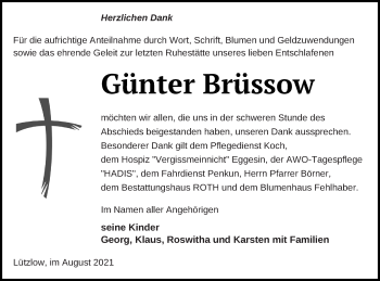 Traueranzeige von Günter Brüssow von Prenzlauer Zeitung