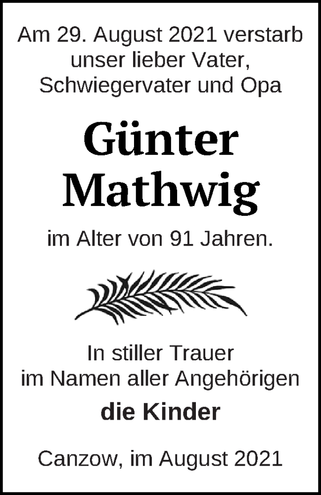  Traueranzeige für Günter Mathwig vom 03.09.2021 aus Strelitzer Zeitung