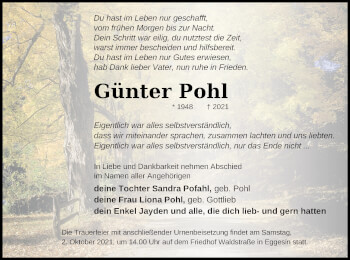 Traueranzeige von Günter Pohl von Haff-Zeitung