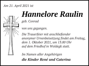 Traueranzeige von Hannelore Raulin von Strelitzer Zeitung