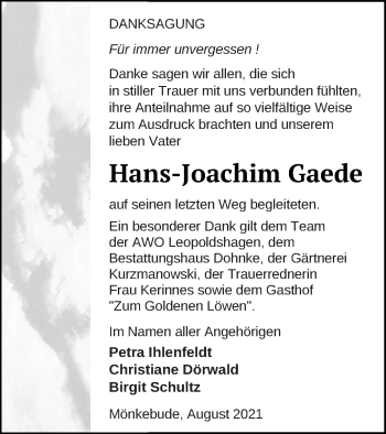 Traueranzeige von Hans-Joachim Gaede von Haff-Zeitung