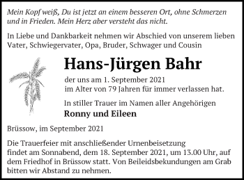 Traueranzeige von Hans-Jürgen Bahr von Prenzlauer Zeitung