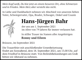 Traueranzeige von Hans-Jürgen Bahr von Prenzlauer Zeitung