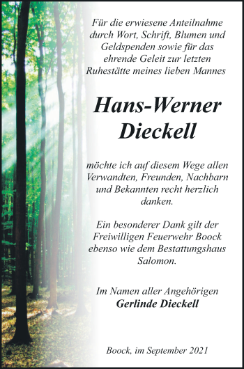 Traueranzeige von Hans-Werner Dieckell von Pasewalker Zeitung