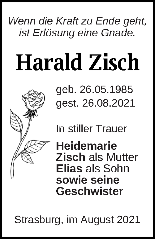  Traueranzeige für Harald Zisch vom 02.09.2021 aus Pasewalker Zeitung