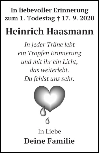 Traueranzeige von Heinrich Haasmann von Neubrandenburger Zeitung