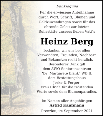 Traueranzeige von Heinz Berg von Prenzlauer Zeitung