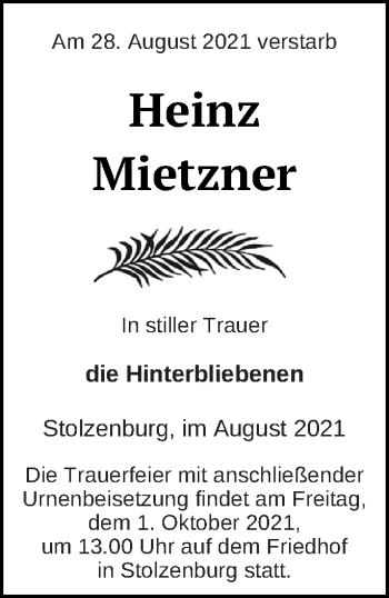 Traueranzeige von Heinz Mietzner von Prenzlauer Zeitung