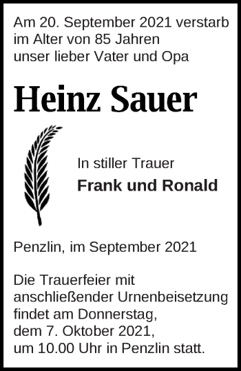 Traueranzeige von Heinz Sauer von Müritz-Zeitung