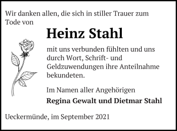 Traueranzeige von Heinz Stahl von Haff-Zeitung
