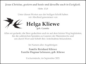 Traueranzeige von Helga Kliewe von Haff-Zeitung