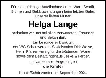 Traueranzeige von Helga Lange von Prenzlauer Zeitung