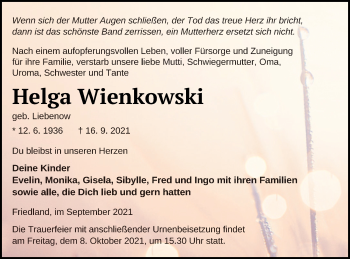 Traueranzeige von Helga Wienkowski von Neubrandenburger Zeitung