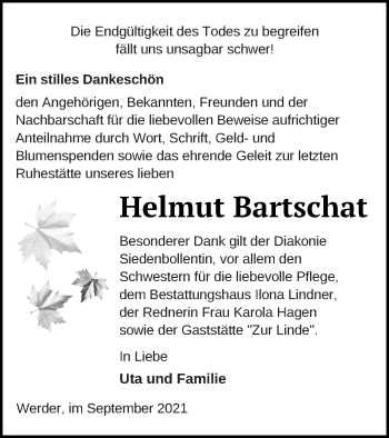 Traueranzeige von Helmut Bartschat von Neubrandenburger Zeitung