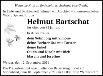 Traueranzeige von Helmut Bartschat von Neubrandenburger Zeitung