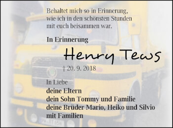 Traueranzeige von Henry Tews von Pasewalker Zeitung