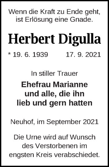 Traueranzeige von Herbert Digulla von Strelitzer Zeitung