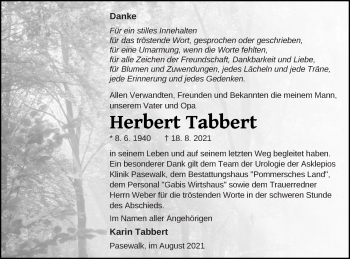 Traueranzeige von Herbert Tabbert von Haff-Zeitung