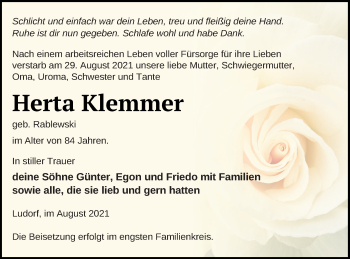 Traueranzeige von Herta Klemmer von Müritz-Zeitung