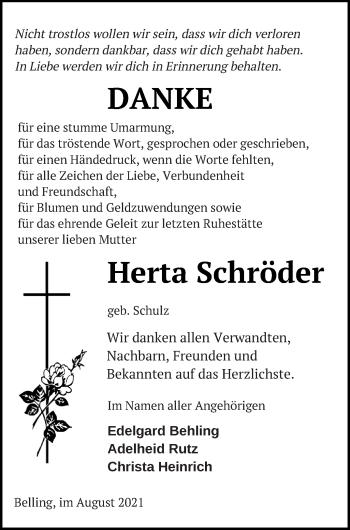 Traueranzeige von Herta Schröder von Pasewalker Zeitung