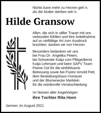 Traueranzeige von Hilde Gransow von Vorpommern Kurier