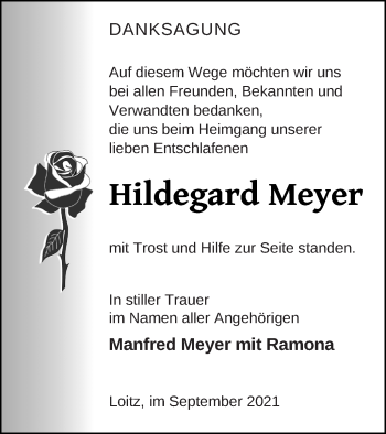 Traueranzeige von Hildegard Meyer von Neubrandenburger Zeitung