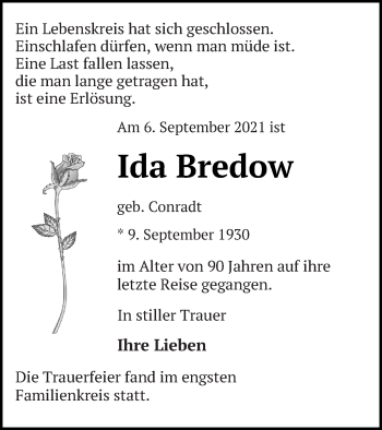 Traueranzeige von Ida Bredow von Haff-Zeitung